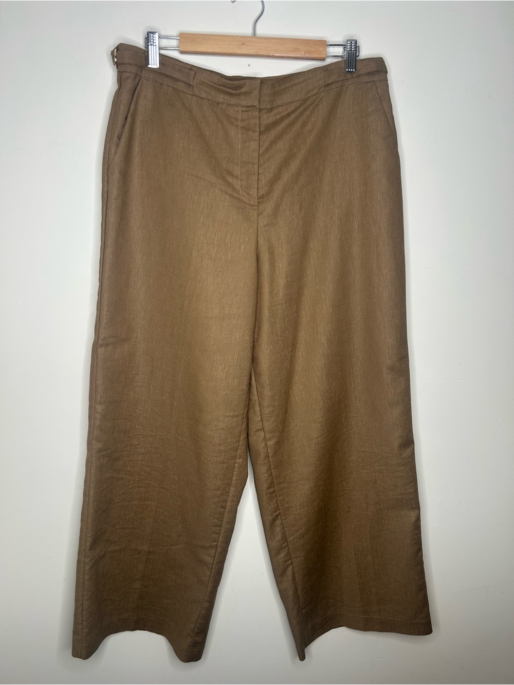 OGL Wide Leg Trousers Brown Lightweight Size L Gold Detail Adjustable Waist